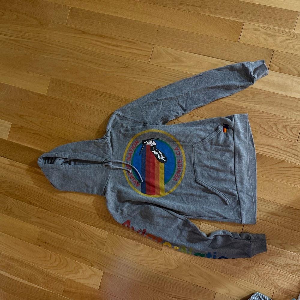 Aviator Nation Gray Hoodie with Rainbow Logo